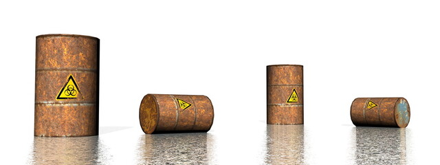Rust biohazard barrels with logo - 3D render - obrazy, fototapety, plakaty