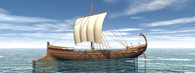 One greek boat on the water - 3D render - 476065366