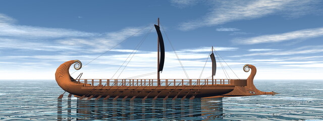 One greek trireme boat on the water - 3D render © Elenarts