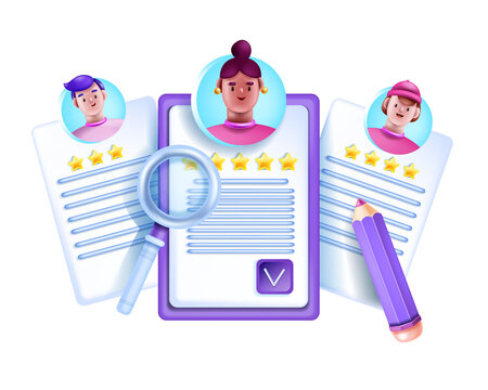 3D CV Icon, Vector Human Search Digital Illustration, Online Job Research HR Resume Concept. Career Employee Hire, Candidate Profile, Rating Stars, People Avatar, Magnifying Glass. 3D CV Document File