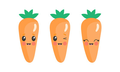 Funny carrots in cartoon style. Greeting card or poster for children's learning, printing on the pack, printing on clothes or utensils. Character with a face and a smile. Vector illustration.