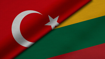 3D rendering of two flags of Republic of Turkey and Republic of Lithuania together with fabric texture, bilateral relations, peace and conflict between countries, great for background