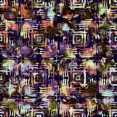 Obraz na płótnie Canvas Exotic multicoloured boho geometric camouflage scatter print. Seamless autumnal dark ground detailed repeat pattern.