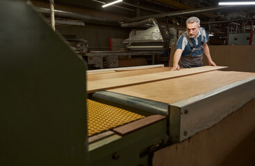 Fototapeta na wymiar Concentrated carpenter working with electric equipment in joinery