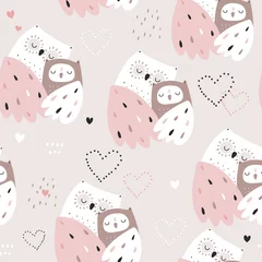 Wall murals Out of Nature Seamless pattern with cute mom and baby owls. Childish owl birds pink background. Ideal for fabrics, textiles, apparel, wallpaper.