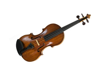 Fototapeta na wymiar Violin also called fiddle, a stringed musical instrument from the viol family, used in string quartet, chamber music and symphony orchestra, isolated on a white background, copy space