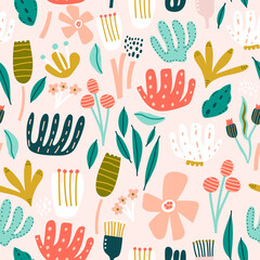 Seamless floral pattern with leaves, flowers and berries. Spring, summer background. Perfect for fabric design, wallpaper, apparel. Vector illustration