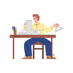 Architect working on building layout, flat vector illustration isolated.