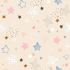 Seamless pattern with different hand drawn stars. Creative kids texture for fabric, wrapping, textile, wallpaper, apparel. Vector illustration