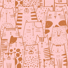 Seamless childish pattern with ink drawn cats. Creative kids hand drawn pink texture for fabric, wrapping, textile, wallpaper, apparel. Vector illustration