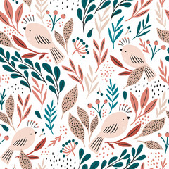 Seamless botanical pattern with white birds and delicate colorful leaves. Minimalistic bird texture for fabric, textile, wallpaper. Vector illustration
