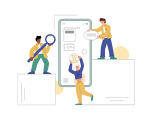 UI and web designers work on mobile application, vector illustration isolated.