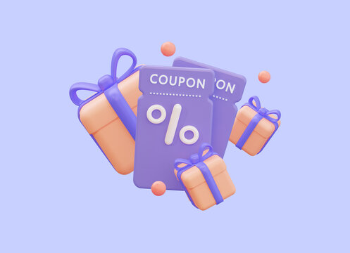 Purple coupon with a percentage sign and flying gifts. For online sales and favorable prices. 3D rendering