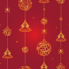 Seamless vector pattern - Golden New Year balls - Boho style doodles - outlines.  Red background.