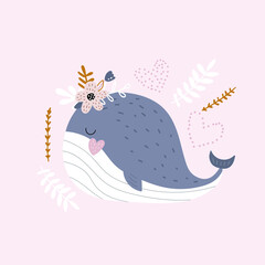 Cute whale with floral wreath and hearts on pink background. Great for poster, card, apparel print. Vector illustration