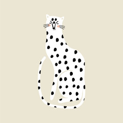 Hand drawn white gepard in with character. Wild Jungle animal print. Cartoon vector leopard illustration