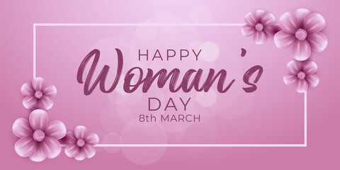 Fototapeta na wymiar happy womens day floral greeting card with flower design on pink background