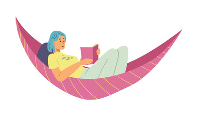 Girl reads book and relaxes in hammock, flat vector illustration isolated on white background.