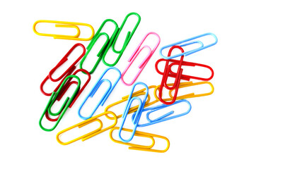 Multicolored paper clips on a white background