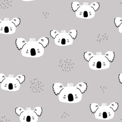 Seamless childish pattern with cute koala heards . Creative monchrome kids texture for fabric, wrapping, textile, wallpaper, apparel. Vector illustration