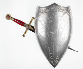 medieval fantasy sword and shield isolated on white background