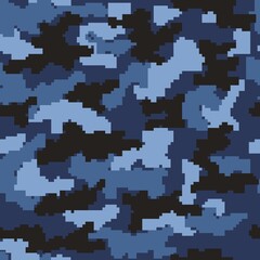 Blue military camouflage pattern, pixel texture, dark background. Army camouflage for printing.