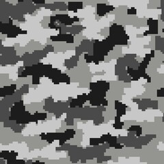 Abstract pixel gray camouflage pattern, military winter texture, trendy digital background