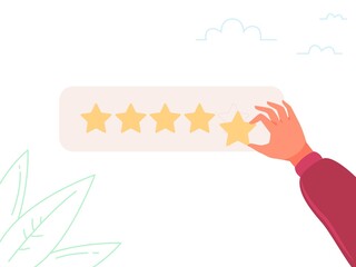 Opinion customers smartphone. Customer review rate 5 star in mobile app phone, product quality feedback, client experience, satisfaction people best service, garish vector illustration