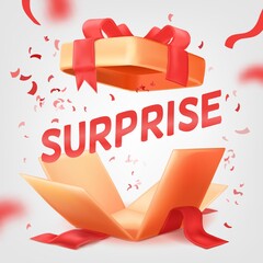 Open surprise sale. 3d gift box discount offer, christmas birthday present package, red ribbon falling, boom confetti banner, wrap bow, happy day celebration, tidy vector illustration © ssstocker