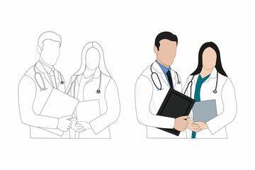 Male and female doctor flat design. Doctor coloring page. Male and female nurse line art. Doctor coloring page line art. Medical doctor line art vector. Coloring page SVG cut file. Stethoscope vector