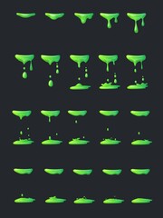 Slime animation. Liquid green drop, cartoon splash poison drip, toxic waste, nuclear explosion chemical venom, sprite fx effect, phlegm substance, neat ui vector