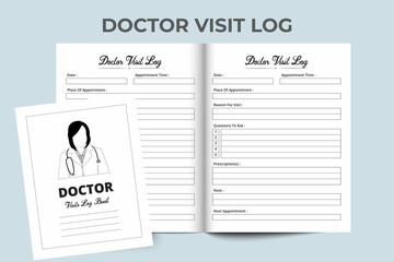 KDP interior medical logbook. Doctor visiting logbook KDP interior. Female doctor line art vector. Medical Visit Log Book. Health Care Log Book and medical Tracker. Medical notebook.