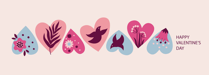 Hearts with flowers, birds, leaves. Vector illustration for Valentines Day.
