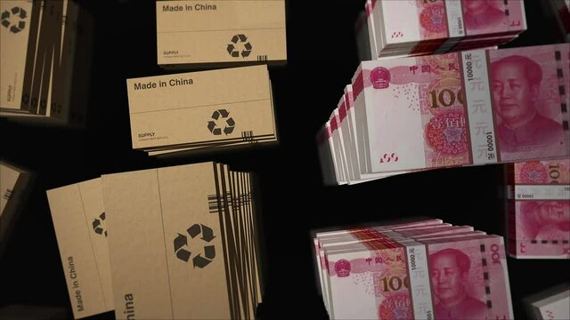 Made in China box line with Renminbi money bundle stacks. Export, trade, delivery, production, shipping, business and import from PRC. Abstract concept 3d loopable seamless animation.