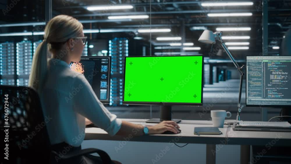 Poster High-Tech Data Center Server: Caucasian Female IT Specialist Working on Green Screen Chroma Key Computer. Monitoring Web Services, Cloud Computing, Analytics Facility, Maintenance of Cyber Security
