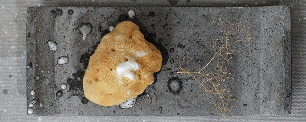 Organic sea sponge with soap foam on grey concrete tray. Bathroom accessories in contemporary bathroom interior. Daily body care, spa and wellness zero waste bathroom concept