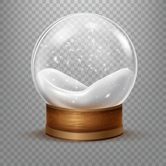 Snow inside ball. Realistic snowball, christmas snowglobe, glass dome base, magic crystal snowy 3d sphere, winter bubble xmas gift souvenir, isolated shape toy, tidy vector