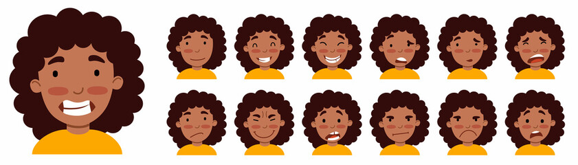 A set of female emotions. The expression on his face. An African-American girl is an Avatar . Vector illustration of a flat drawing on a white isolated background.