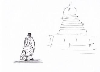 Naklejka premium Ink pen peaceful minimalist drawing of walking Buddhist monk in face mask and distant temple. Asian landscape illustration. Use for print, card, poster, book illustration, meditation background.