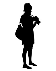 Photograph and photo camera on street. Isolated silhouettes of people on white background