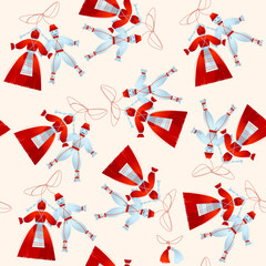 Martenitsa. Piece of adornment, made of white and red yarn in the form of two dolls, a male and a female. Seamless background pattern.