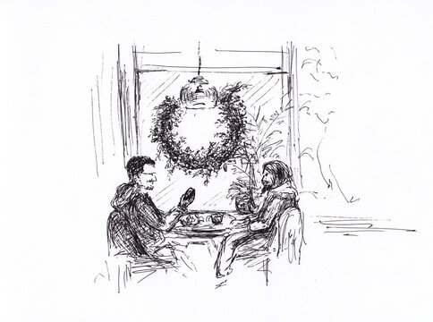 Ink drawing of two guys at cafe table. Cozy interior decorated for Christmas. Original artwork for winter season. Illustration for card, poster, banner, book illustration, wall decoration. 