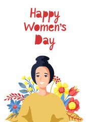 Greeting card for International Womens Day celebration. 8th March background with girl and flowers.