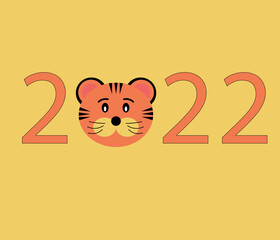 Numbers 2020 and the muzzle of a tiger on a yellow background. New year of the tiger, vector image