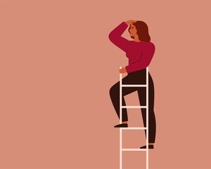 Businesswoman looks into the future at the top of ladder. Female entrepreneur searches for opportunities and new business ideas. Concept of choosing the direction of development. Vector illustration - obrazy, fototapety, plakaty