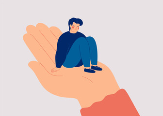 Sad man sits on the big human hand and needs care and support. Counselor helps a lonely teenager boy to get rid of depression. Support and care concept for people under stress. Vector illustration - 476075743