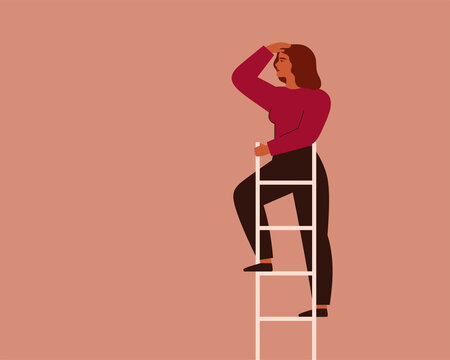 Businesswoman looks into the future at the top of ladder. Female entrepreneur searches for opportunities and new business ideas. Concept of choosing the direction of development. Vector illustration