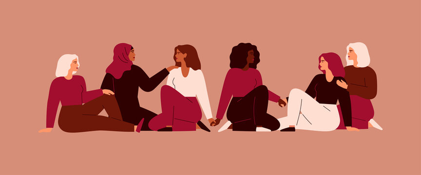 Young women of different ethnicities and cultures sit side by side together and hold hands. Strong and brave girls support each other for Women's day. Sisterhood and females friendship. Vector