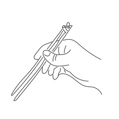 Hand is holding chopsticks, black linear sketch isolated on white background.