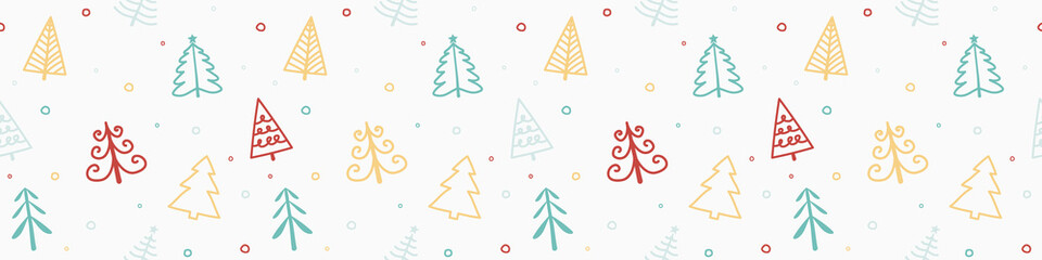 Design of seamless pattern with Christmas trees. Panoramic header. Vector